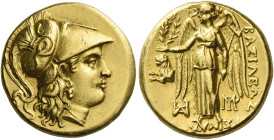 Kings of Thrace, Lysimachus 323-281 and posthumous issues.
Stater, Sardis circa 301-297, AV 8.49 g. Head of Athena r., wearing Corinthian helmet deco...