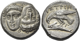 Moesia, Istrus. 
Drachm late 5th-early 4th century BC, AR 5.86 g. Two young male heads facing and united, one inverted. Rev. IΣTPIH Sea eagle l. with...