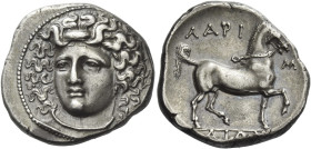 Thessaly, Larissa. 
Didrachm circa 356-342, AR 12.24 g. Head of nymph Larissa facing three-quarters l., wearing ampyx, earring and necklace. Rev. ΛAP...