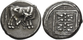 Illyria, Dyrrachium. 
Stater circa 340-280, AR 10.58 g. Cow standing r., head lowered l., suckling calf. Rev. Δ – Y – P Double stellate pattern withi...