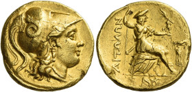 Aetolia, Aetolian League. 
Stater 275-245, AV 8.53 g. Head of Athena r., wearing crested Corinthian helmet; bowl decorated with coiled snake. Rev. ΑΙ...
