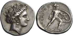 Locris, Locri Opuntii. 
Stater circa 340, AR 12.23 g. Head of Demeter r., hair wreathed with three leaves of wheat, wearing and an earring. Rev. OΠON...