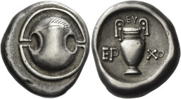 Boeotia, Orchomenos.
Stater circa 385-375, AR 11.94 g. Boiotian shield, wheat ear with wavy stalk to r. across top end. Rev. Amphora; above, EY and i...