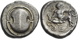 Thebes. 
Stater circa 425-325, AR 11.83 g. Boeotian shield. Rev. ΘE Infant Heracles seated facing on ground, head r., strangling snake in each hand; ...