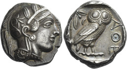 Attica, Athens. 
Tetradrachm after 449, AR 17.17 g. Head of Athena r., wearing Attic helmet decorated with olive leaves and palmette. Rev. AΘE Owl st...