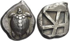 Islands off Attica, Aegina. 
Stater circa 480–457, AR 12.08 g. Sea-turtle with heavy collar and dots running down its back. Rev. Large skew pattern i...