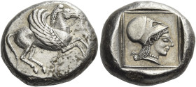 Corinthia, Corinth. 
Stater circa 515-480, AR 8.70 g. Bridled Pegasus flying r.; below, koppa. Rev. Head of Athena r., wearing Corinthian helmet, wit...