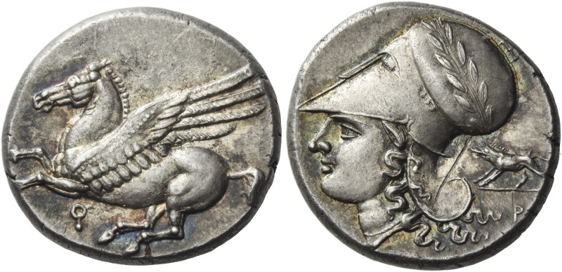Corinthia, Corinth. 
Stater, circa 345-307, AR 8.60 g. Pegasus flying l.; below...