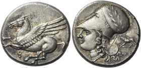 Corinthia, Corinth. 
Stater, circa 345-307, AR 8.60 g. Pegasus flying l.; below, koppa. Rev. Head of Athena l., wearing wreathed Corinthian helmet an...