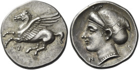 Corinthia, Corinth. 
Drachm circa 330, AR 2.74 g. Pegasus flying l..; below, koppa. Rev. Head of Aphrodite l.; wearing sakkos. SNG Lockett 2143. Bost...