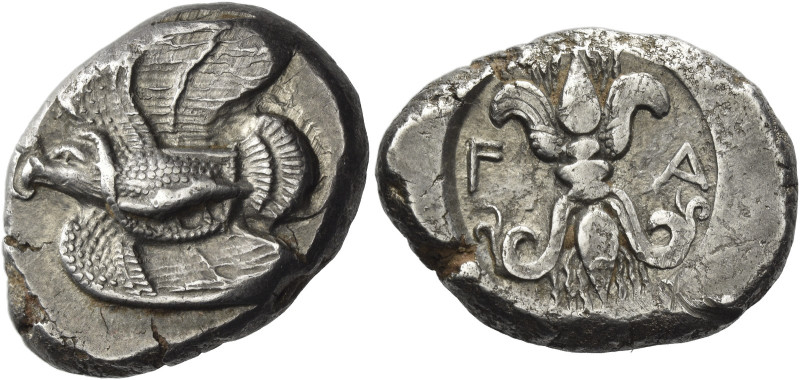 Elis, Olympia. 
Stater circa 460s, Olympiads 78-82, AR 12.35 g. Eagle flying l....