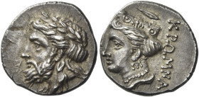 Paphalagonia, Kromna. 
Drachm circa 340-300, AR 3.61 g. Laureate head of Zeus l. Rev. ΚΡΩΜΝΑ Turreted head of Hera l.; above, grain; in l. field, [Δ]...