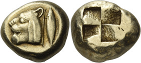 Mysia, Cyzicus. 
Stater circa 550-500, EL 15.99 g Head of lion l.; behind, tunny-fish. Rev. Quadripartite incuse square. Boston, MFA 1414. SNG France...