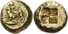 Mysia, Cyzicus. 
Stater circa 400-350, EL 16.00 g. Dionysus, nude and holding a thyrsus, reclining l. on the back of a panther prancing l.; below, tu...