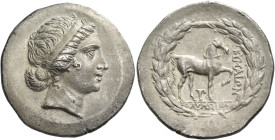 Aeolis, Cyme. 
Tetradrachm, magistrate Olympios, circa 160-150, AR 15.74 g. Diademed head of Kyme r. Rev. KYMAIΩN Horse standing r., l. foreleg arche...