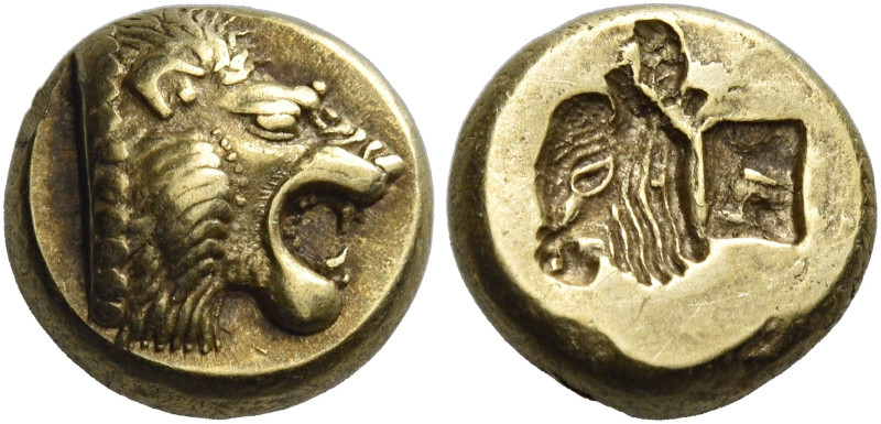 Mytilene. 
Hecte circa 521-478, EL 2.56 g. Lion’s head r., with open jaws. Rev....