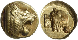 Mytilene. 
Hecte circa 521-478, EL 2.55 g. Head of lion r., with open jaws. Rev. Calf's head r., incuse. Rosen 554. Dewing 2233. Boston, MFA 1679. Bo...