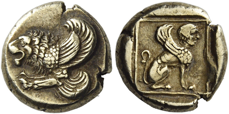 Mytilene. 
Hecte circa 412-378, EL 2.51 g. Forepart of winged lion l. Rev. Sphi...