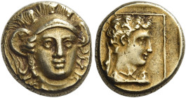 Mytilene. 
Hecte circa 377-326, EL 2.55 g. Helmeted head of Athena facing slightly r. Rev. Head of Hermes r., wearing petasos behind his draped neck,...