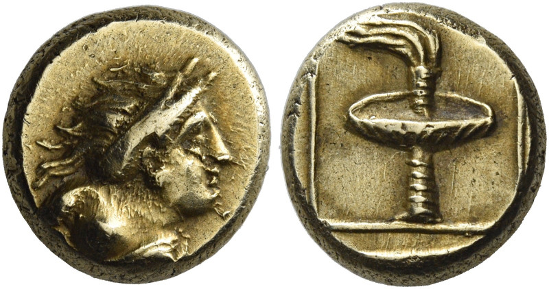 Mytilene. 
Hecte circa 377-326, EL 2.54 g. Half-length bust of Maenad, hair in ...