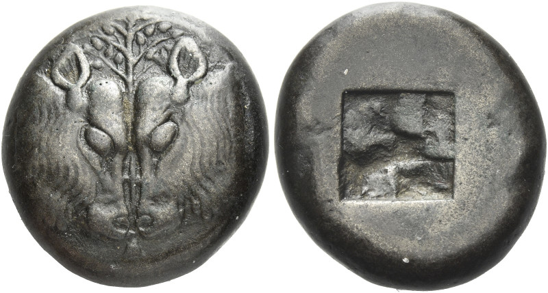 Uncertain mint. 
Billon stater circa 500-450, billon 11.15 g. Confronted heads ...