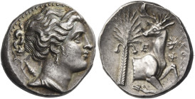 Ephesus. 
Octobol, Syrakosios magistrate circa 340-325, AR 5.04 g. Bust of Artemis r., holding quiver and bow over far shoulder. Rev. Ε – Φ Forepart ...