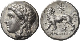 Miletus. 
Tetradrachm, magistrate Demainos circa 15.19 g. Laureate head of Apollo l. Rev. Lion standing l., looking backwards; in l. field, MI ligate...