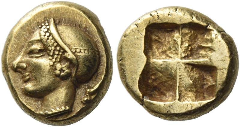 Phocaea.
Hecte circa 521-478, EL 2.61 g. Diademed female head l.; behind, seal ...