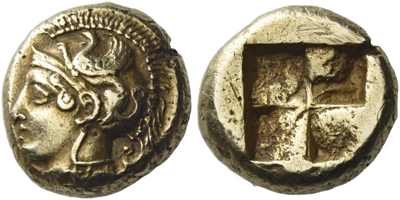 Phocaea. 
Hecte 477-388, EL 2.52 g. Head of Athena l., wearing Attic helmet wit...