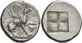 Teos. 
Stater circa 478-465, AR 11.76 g. T – H – I – O – N Griffin with curled wings seated r., forepaw raised, below, panther’s head. Rev. Quadripar...