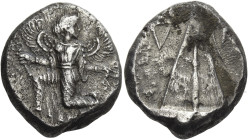 Caunus. 
Stater circa 410-390, AR 11.57 g. Iris with curved wings, in a kneeling running position l., wearing long kiton and holding caduceus and wre...