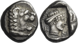 Cnidus. 
Didrachm circa 450-394, AR 6.23 g. Forepart of lion r., with open jaws and protruding tongue. Rev. K – N – I Head of Aphrodite r. Jameson 23...