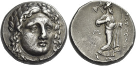 Satraps of Caria, Maussolus, 377 – 353. 
Tetradrachm, Halicarnassus circa 370-360, AR 15.28 g. Head of Apollo facing slightly r., wearing laurel wrea...