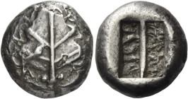 Islands off Caria, Camirus. 
Didrachm circa 500-480, AR 12.05 g. Fig leaf. Rev. Two rectangular incuses ornamented with irregular patterns. Asyut hoa...