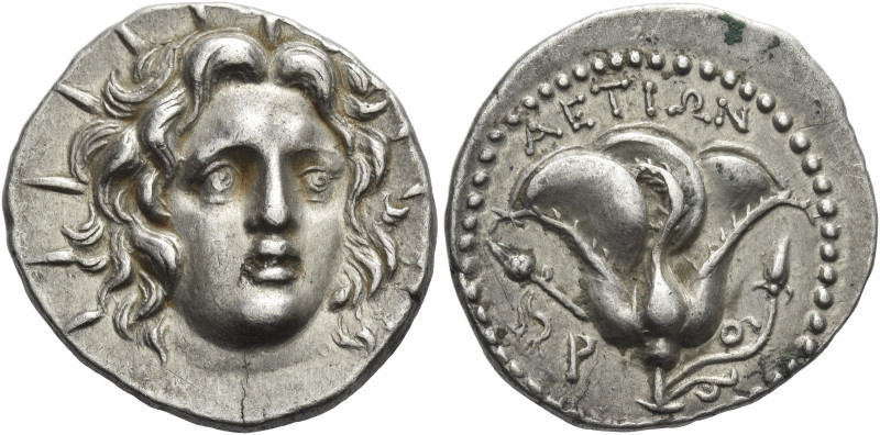 Rhodes. 
Didrachm, magistrate Aetion circa 205-190, AR 6.81 g. Radiate head of ...