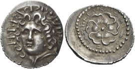 Rhodes. 
Drachm, magistrate Basileides circa 88/42 BC - AD 14, AR 4.08 g. Radiate head of Helios facing slightly l. Rev. P – O Rose seen from above; ...