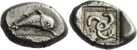Dynasts of Lycia, Kuprlli, circa 485 – 440. 
Stater, Aperlai (?) circa 470-440, AR 9.72 g. Dolphin r. above double dotted line; on its body, dotted l...