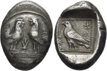 Kherei, circa 430 – 410. 
Stater, Xanthos (?) circa 430-410, AR 8.09 g. Two cocks standing vis-à-vis on a convex shield; between them, monogram. Rev....