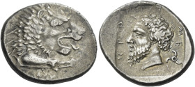 Mithrapata, circa 380 – 375. 
Stater circa 380-375, AR 9.77 g. Forepart of a roaring lion r. Rev. ME-)(PA-ΠATA Head of the dynast l.; in r. field, tr...