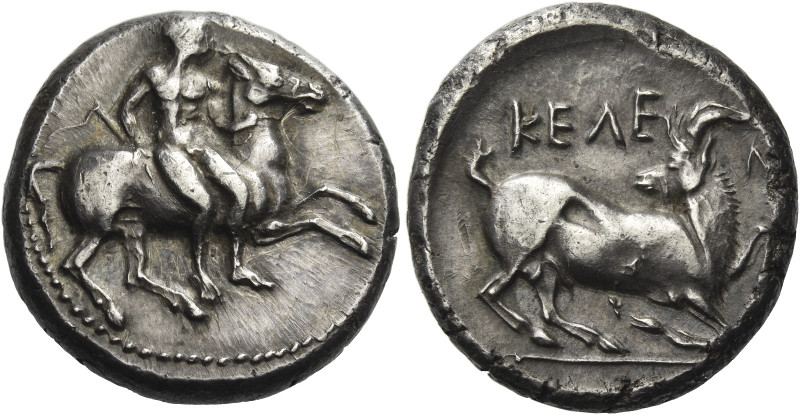 Cilicia, Celenderis. 
Stater circa 410-375, AR 10.57 g. Nude youth, holding whi...