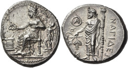Nagidus. 
Stater circa 380-360, AR 10.55 g. Aphrodite, draped and wearing polos, seated l. on throne holding patera over garlanded altar; behind, Ero...