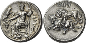 Tarsus. Mazaius satrap, 361 – 334 
Stater circa 361-344, AR 10.98 g. bltrz in Aramaic characters Baaltars seated l., holding bunch of grapes, ear of ...