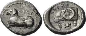 Salamis. Gorgos II (?), circa 450 – 430 
Siglos circa 450-430, AR 11.13 g. ba si le fo se – ku ru ko [..] in Cypriot characters Ram lying l. Rev. ba ...