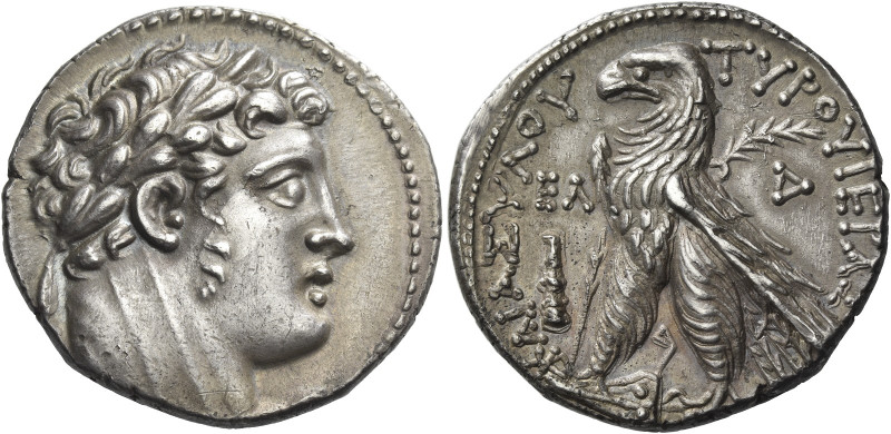 Tyre. 
Shekel 92-91 (year 35), AR 14.28 g. Laureate bust of Melqart r., wearing...