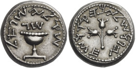 Judea. The Jewish War, 66 – 70 
Shekel, Jerusalem 68-69 (year 3), AR 14.23 g. šql yśr'l (Shekel of Israel) in paleo-Hebrew characters Cup with pearle...
