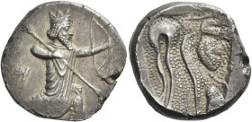 The Achaemenid Kings of Persia. 
Uncertain Satrap, 359 – 338. Tetradrachm, Western Asia Minor circa 340, AR 14.36 g. The Great King in kneeling-runni...