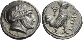 Kingdom of Bactria, Sophites circa 315 – 294. 
Drachm, Bactra circa 300, AR 3.65 g. Head of satrap r., wearing helmet with cheekpiece, three olive le...