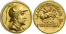 Eucratides I, circa 171 – 145.
Stater, Pushkalavati circa 170-145, AV 8.50 g. Draped bust r., wearing helmet, adorned with bull's horn and ear. Rev. ...