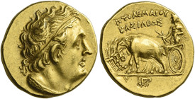 Ptolemy I Soter as king, 305–285. 
Stater, Cyrenaica under Magas circa 300-282, AV 7.11 g. Diademed bust r., with aegis around neck. Rev. ΠΤΟΛΕΜΑΙΟΥ ...