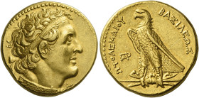 Ptolemy I Soter as king, 305–285. 
Pentadrachm, Alexandria circa 294-285, AV 17.86 g. Diademed head r., with aegis around neck; behind ear, small Δ. ...